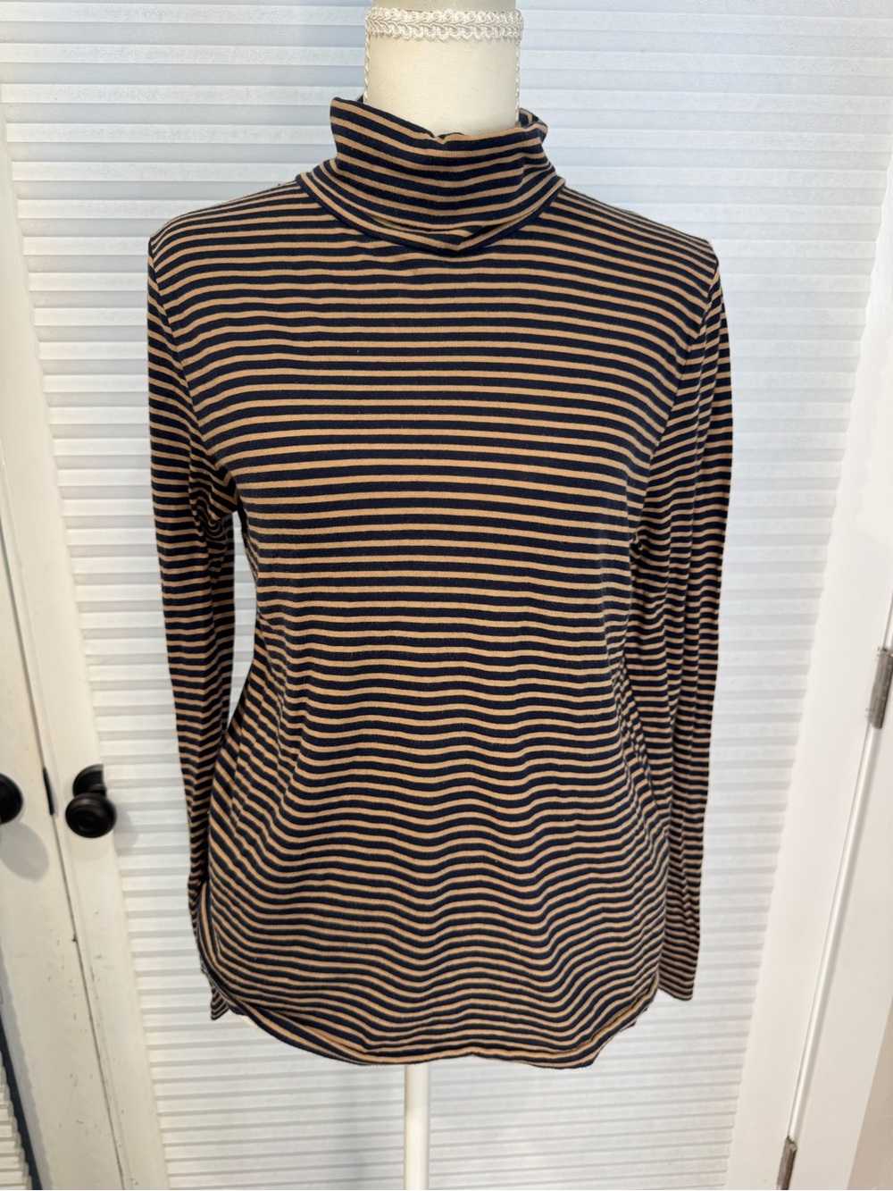 J. Crew Navy and Tan Striped Turtleneck Long Sleeve Top 0936